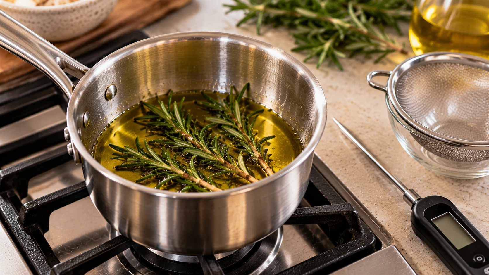 Olio extravergine d’oliva aromatizzato delicatamente con rosmarino fresco.