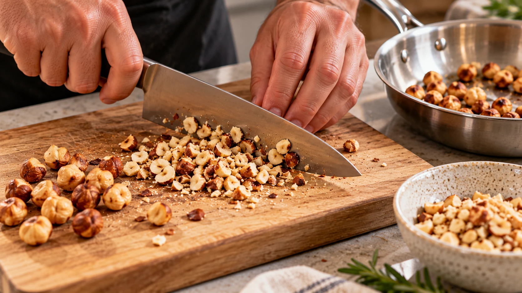 Nocciole tostate tritate grossolanamente per completare il topinambur gourmet.