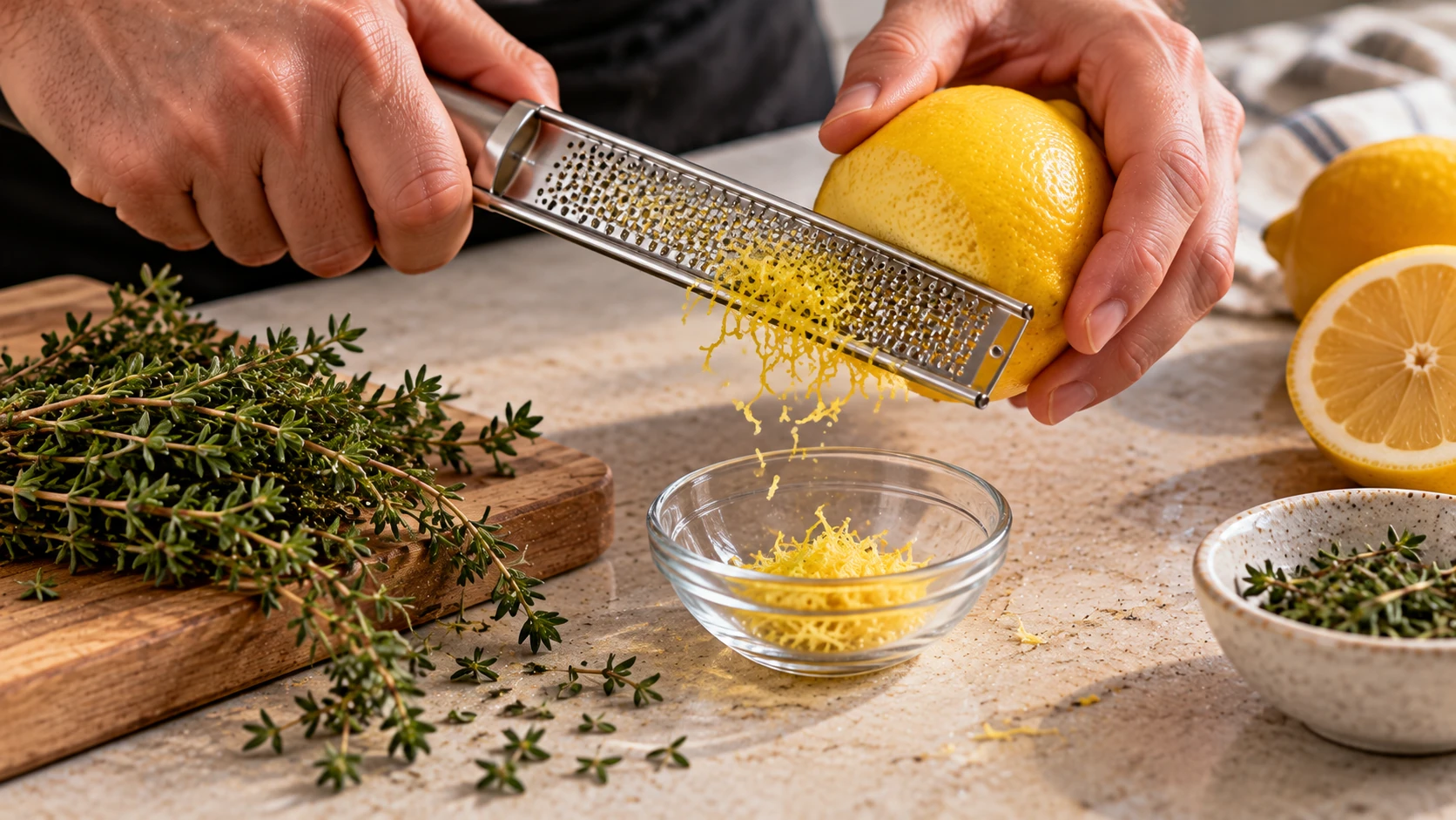 Scorza di limone e timo fresco preparati per il topinambur gourmet.