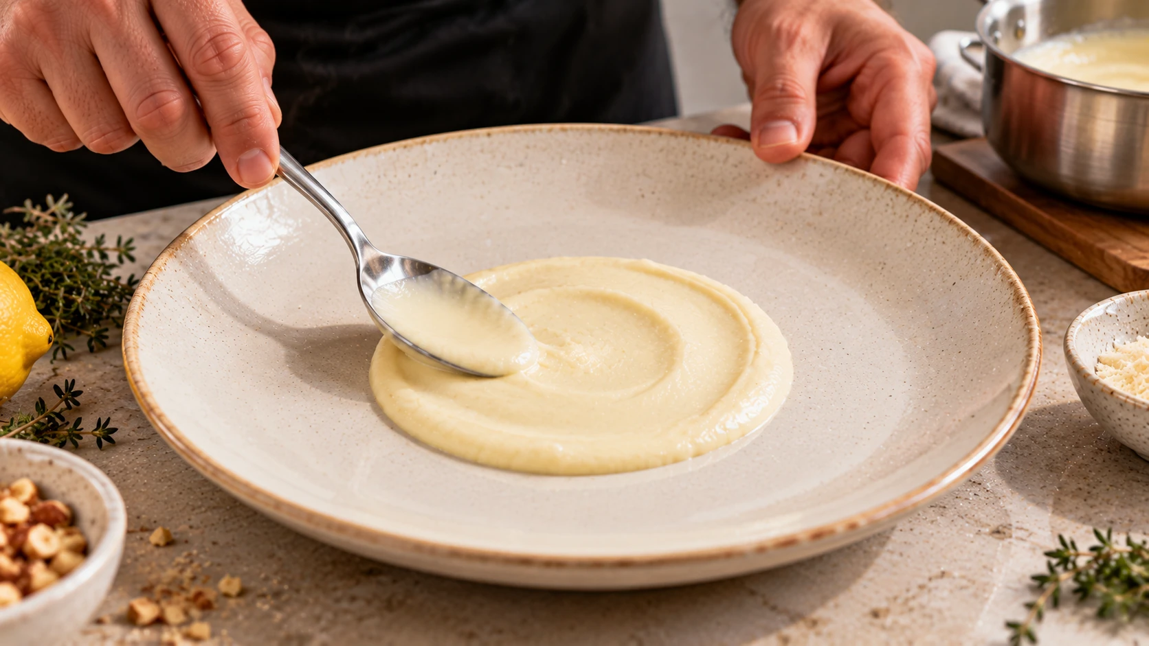 Crema di Parmigiano distribuita sul fondo del piatto per l’impiattamento gourmet.