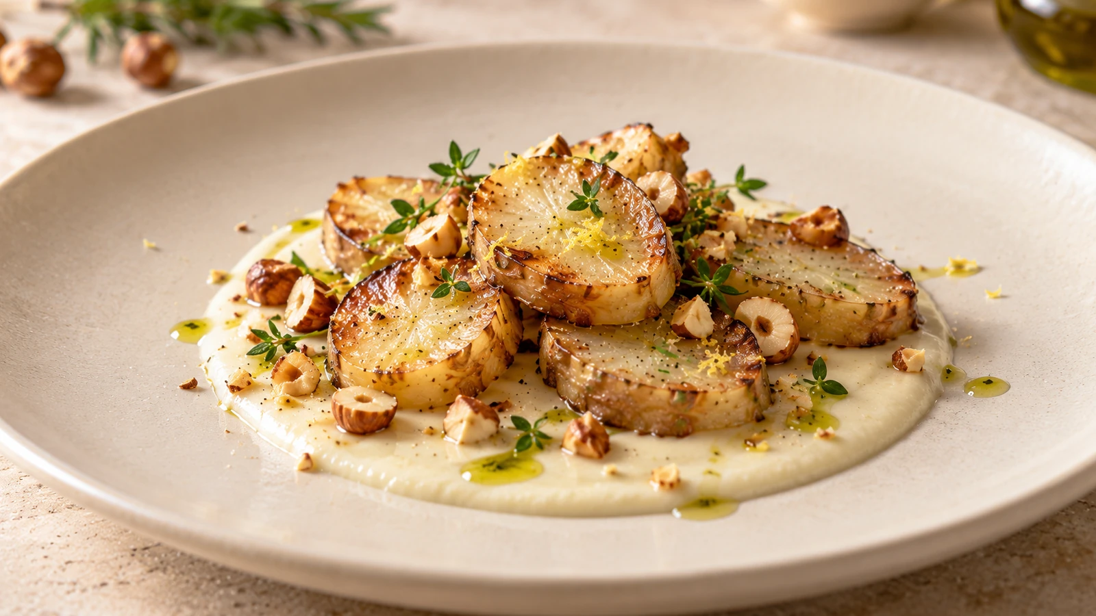 Topinambur Gourmet su Crema di Parmigiano con Nocciole Tostate e Olio al Rosmarino