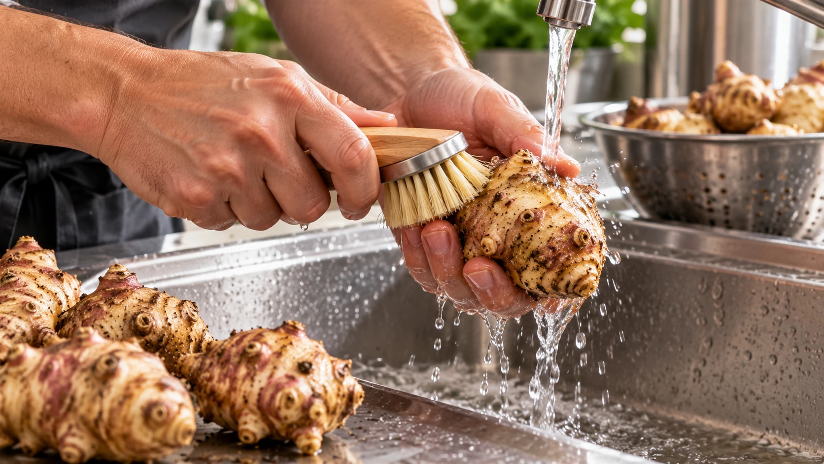 Pulizia dei topinambur freschi sotto acqua corrente con una spazzolina per verdure.