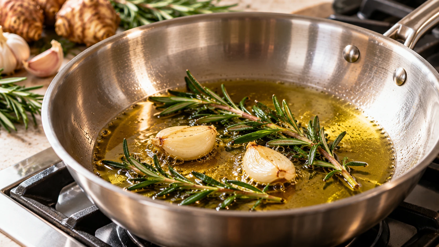 Aglio e rosmarino che insaporiscono l’olio extravergine d’oliva in padella.