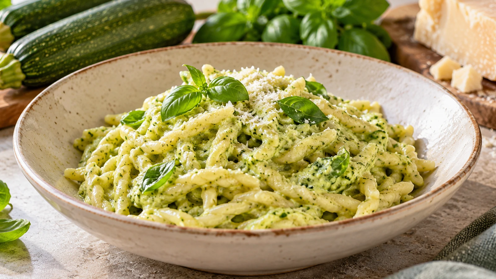 Trofie al pesto di zucchine con basilico e tre formaggi
