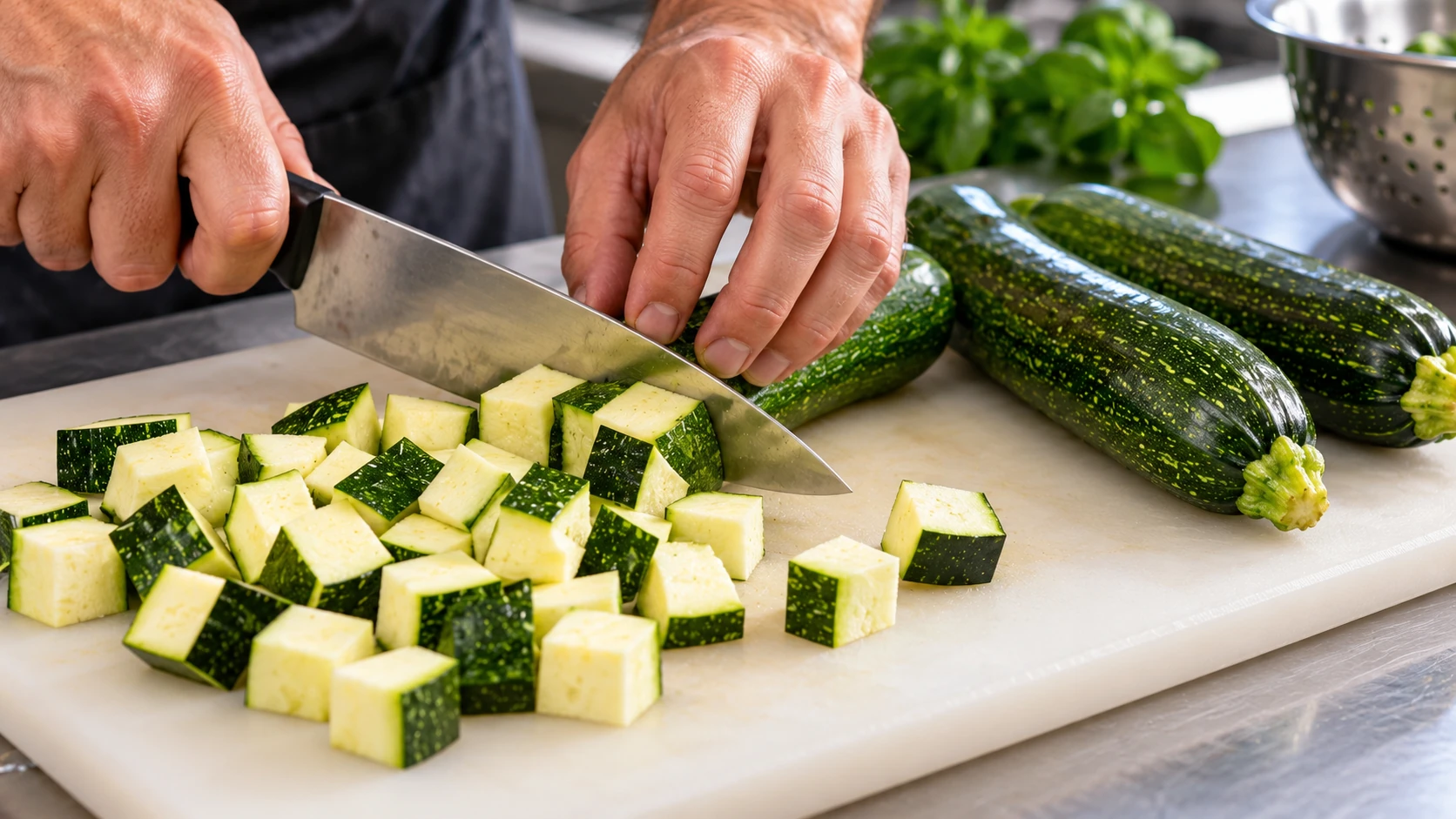 Zucchine fresche tagliate a cubetti su un tagliere professionale con un coltello da cucina in acciaio inox.