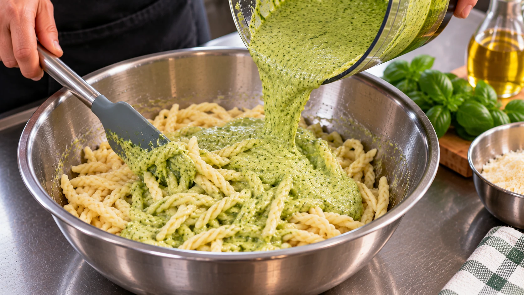 Pesto cremoso di zucchine versato sulle trofie appena scolate in una ciotola professionale in acciaio inox.