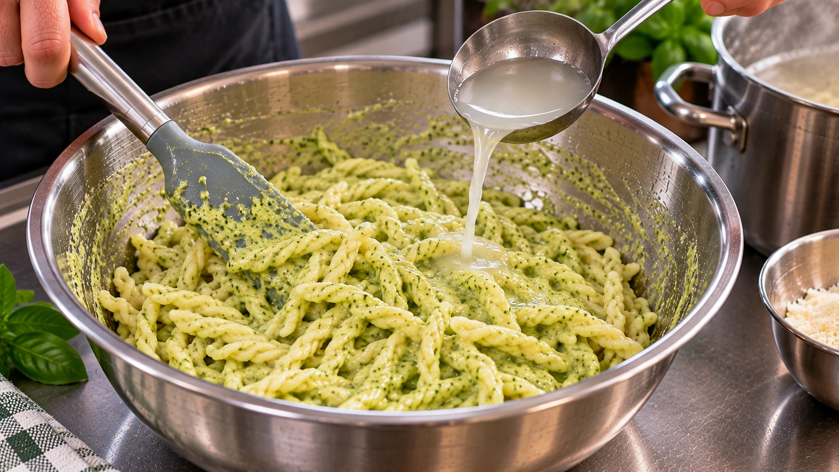 Trofie al pesto di zucchine amalgamate con una spatola in silicone e poca acqua di cottura per ottenere una crema vellutata.