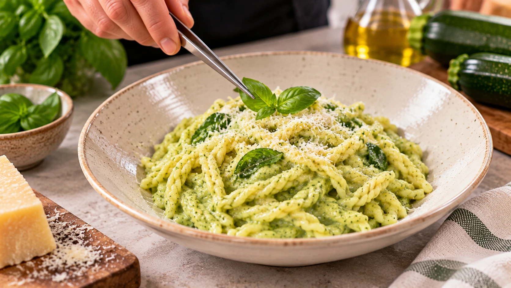 Trofie al pesto di zucchine cremose servite in un piatto di ceramica, decorate con basilico fresco e Parmigiano grattugiato.