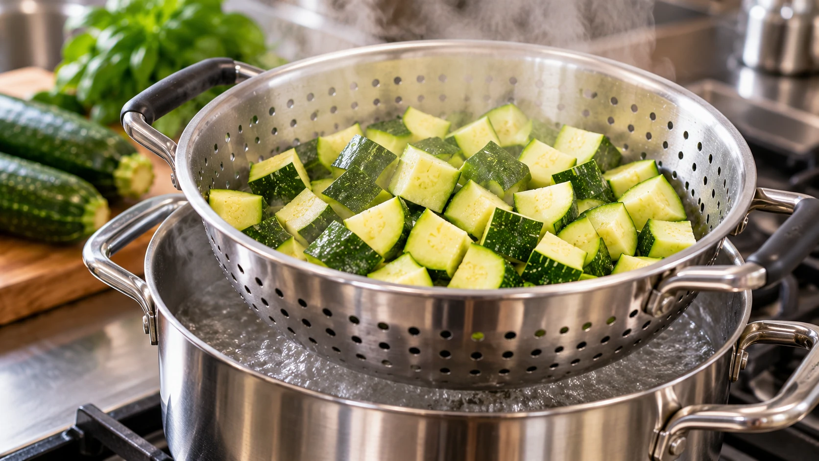 Cubetti di zucchine verdi in cottura a vapore all’interno di un cestello professionale in acciaio inox.