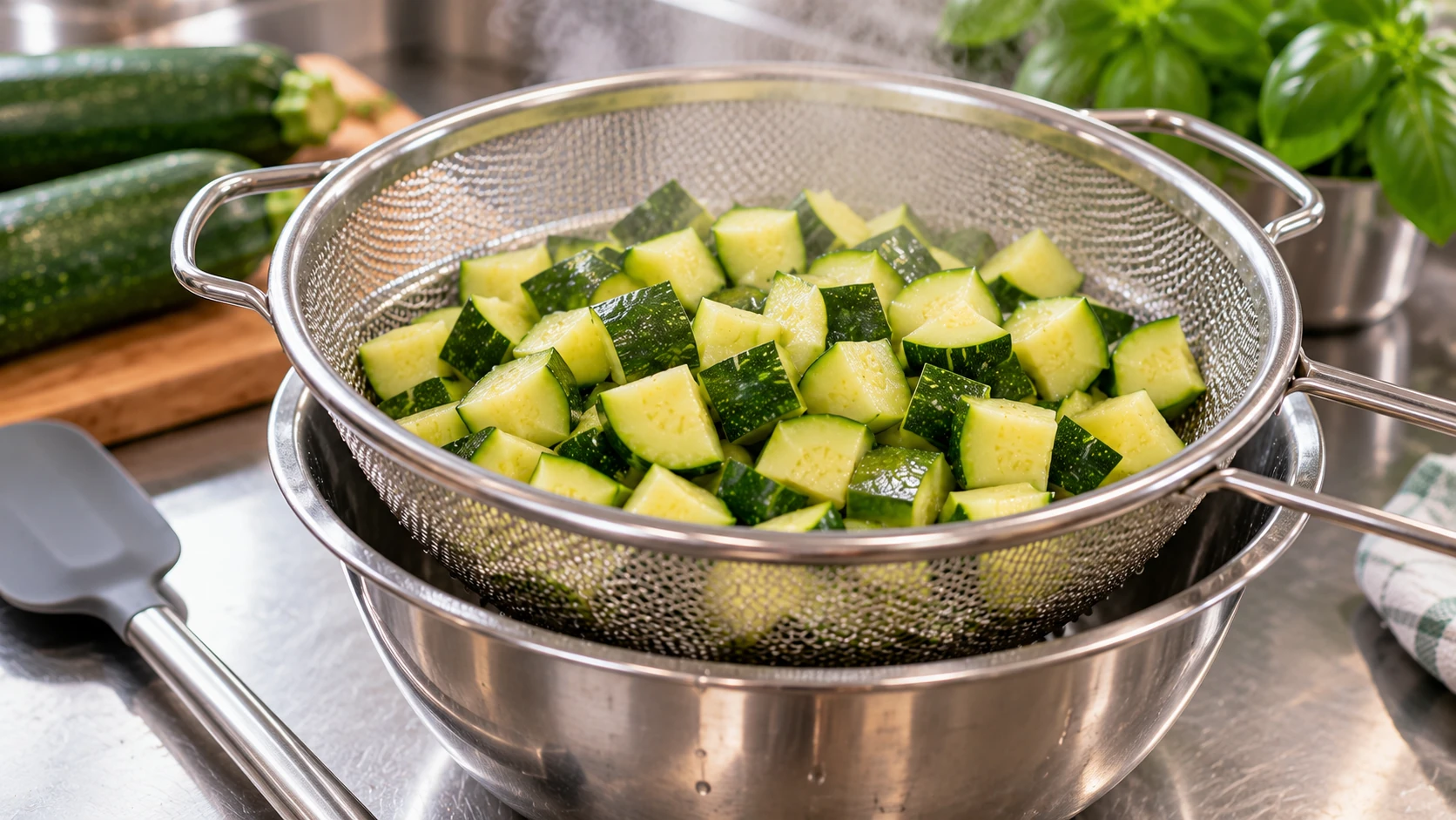 Cubetti di zucchine cotti a vapore lasciati scolare e raffreddare in un colino di acciaio inox.