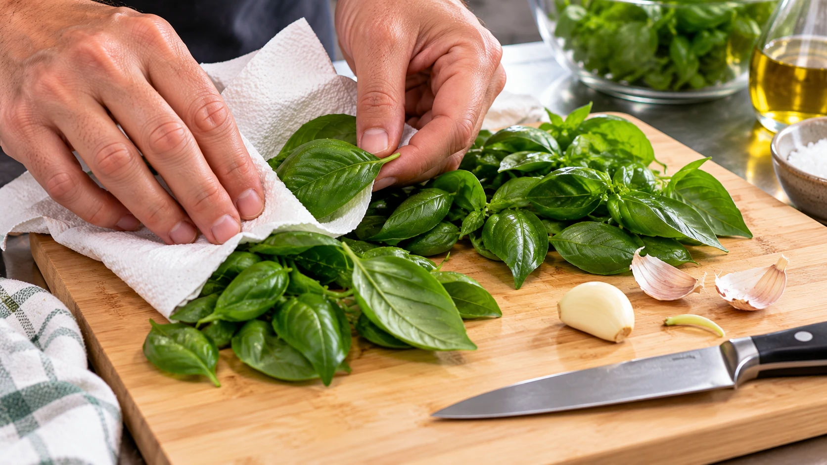 Foglie di basilico fresco asciugate con carta da cucina accanto a mezzo spicchio d’aglio sbucciato.