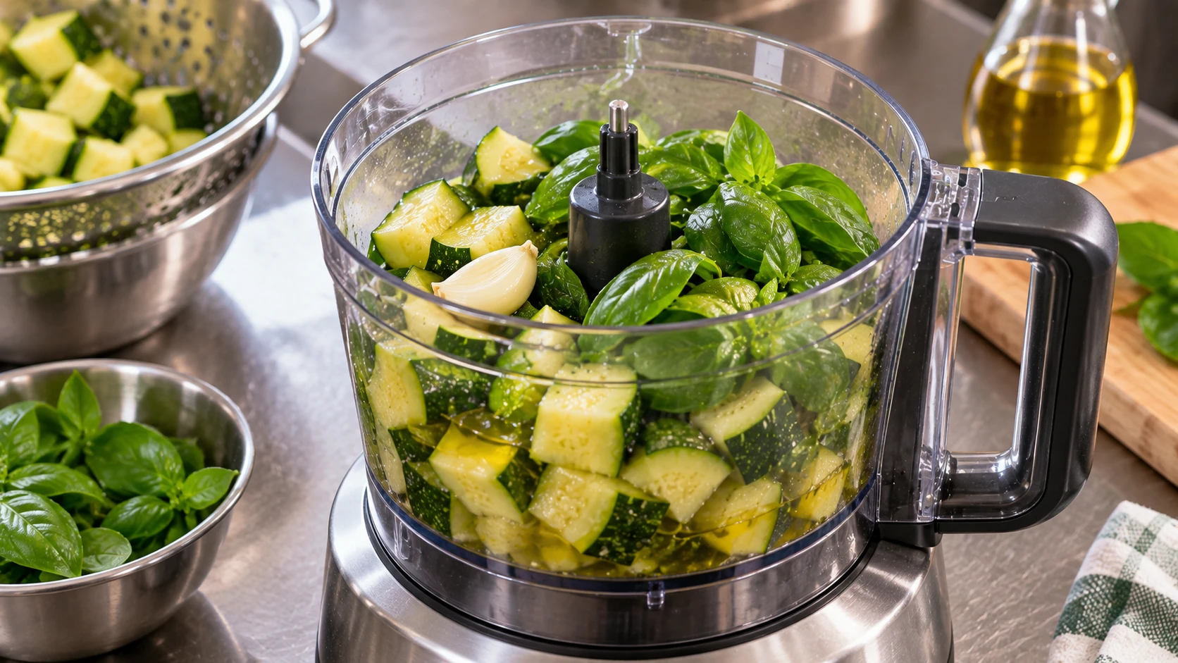 Mixer da cucina contenente zucchine cotte, foglie di basilico fresco, aglio e olio extravergine d’oliva.