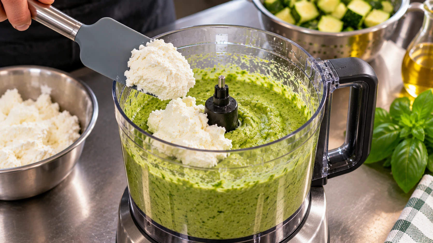Ricotta di pecora aggiunta con una spatola in silicone alla crema di zucchine e basilico nel mixer.