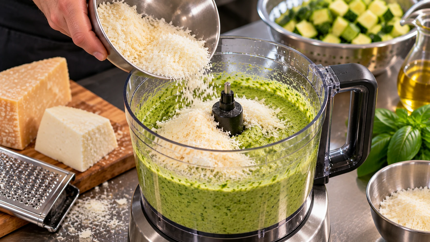Parmigiano Reggiano e Pecorino grattugiati versati nel mixer contenente il pesto cremoso di zucchine.