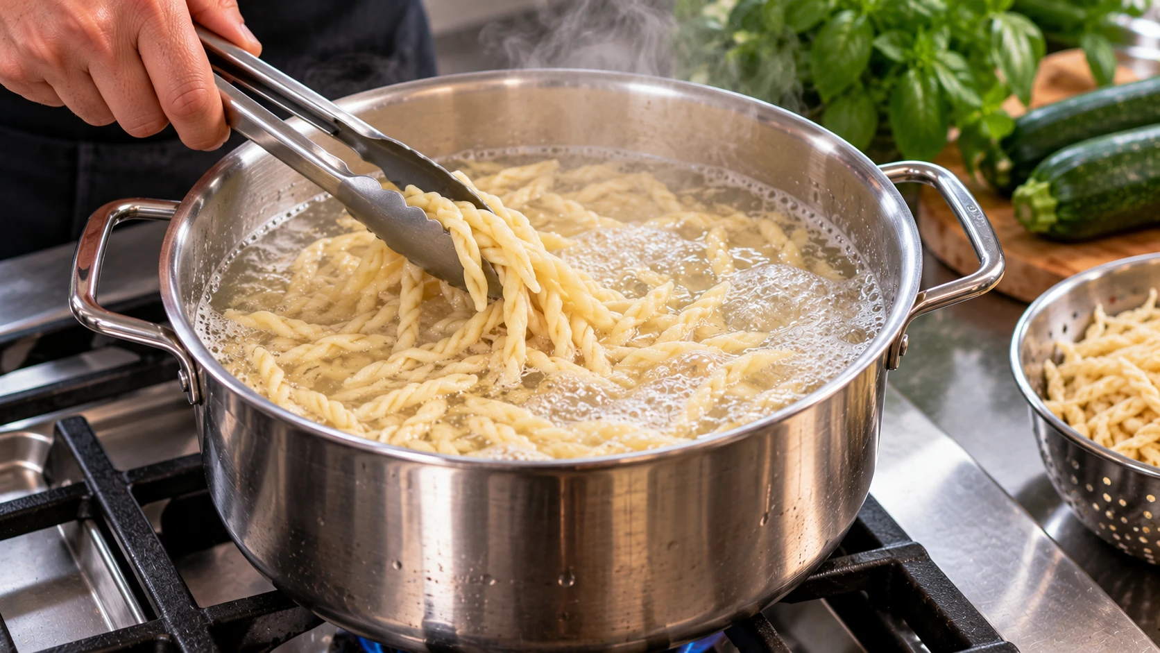 Trofie in cottura in una pentola di acqua bollente, mescolate con una pinza professionale in acciaio inox.