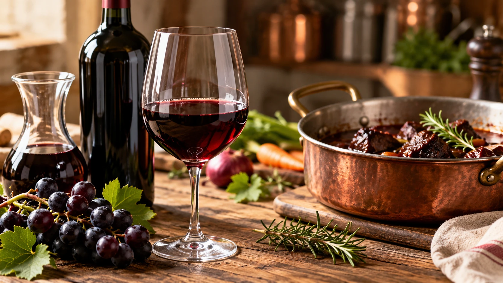Calice di vino rosso con bottiglia, uva nera e brasato in casseruola di rame